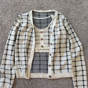 Plaid Knit Cardigan and Top Set - Cream and Black